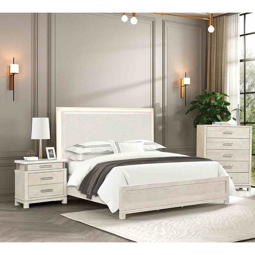 Classic LED Headboard Bed Nightstand Chest 3pc Bedroom Set
