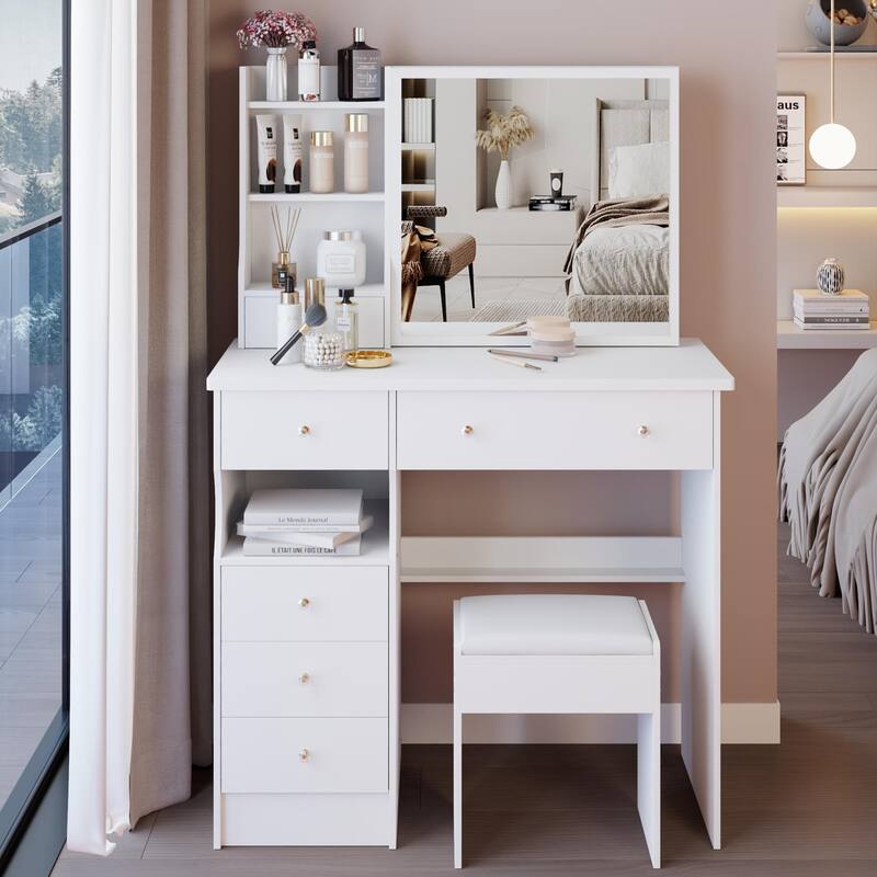 37" Middle Size Left Drawer Vanity Table + Cushioned Stool, Extra Large Right Sliding Mirror, Multi Layer High Capacity Storage