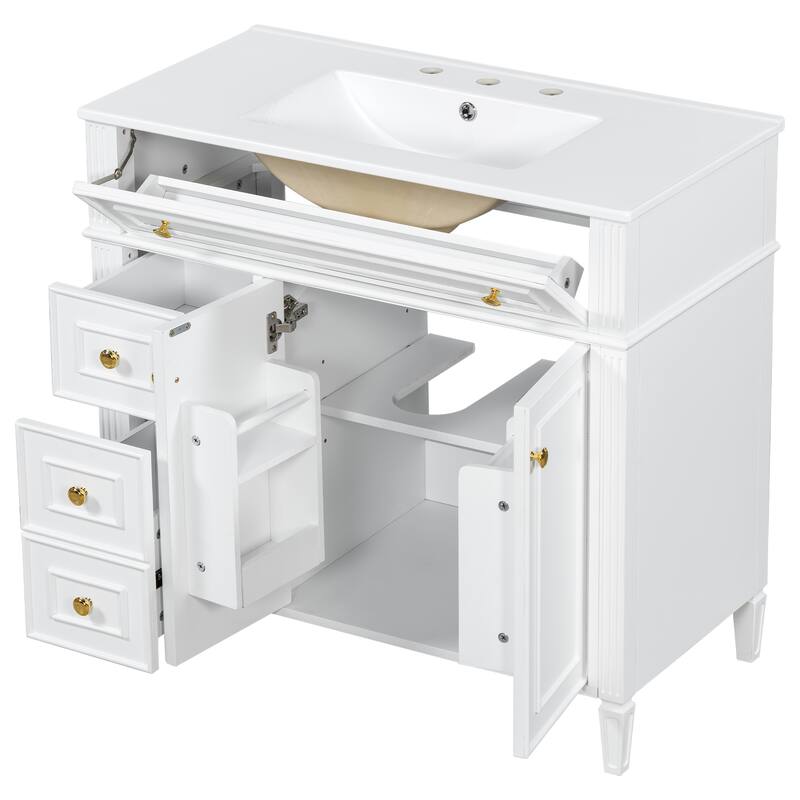 Roomfitters 36" Bathroom Vanity with Sink, Solid Wood Frame, Flip-Out Drawer, 3 Drawers & Soft-Close Doors
