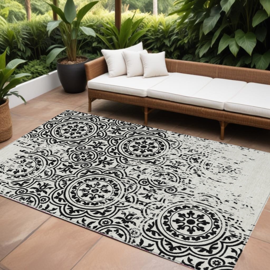 8' X 10' Black And Ivory Medallion Washable Indoor Outdoor Area Rug - 9'3" x 12'3"