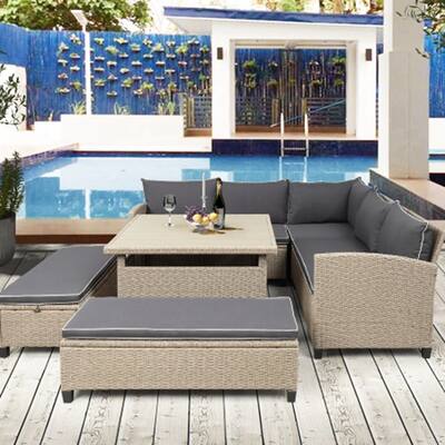 TOPMAX 6-Piece Patio Furniture Set Outdoor Wicker Rattan Sectional Sofa with Table and Benches for Backyard, Garden, Poolside