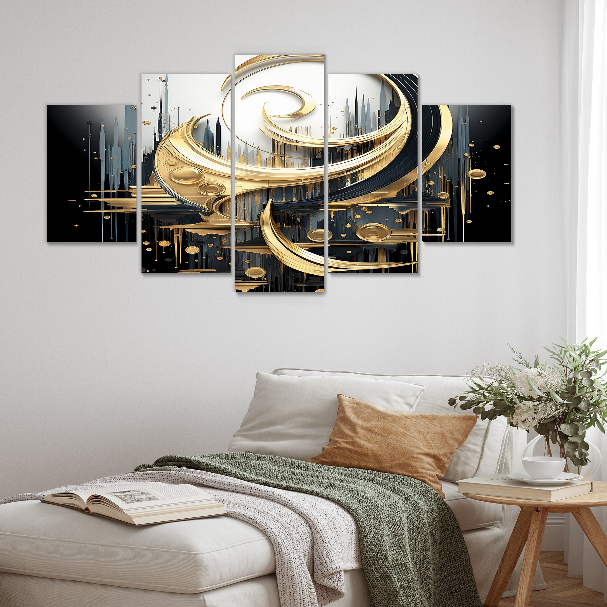 Designart Golden Crescent Moon Abstract Spirals Canvas Wall Art Set of 5 Oversized Modern Wall Decor 5 Pieces