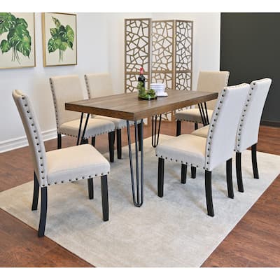 Country Kitchen Dining Table and Chair Sets with High-Back Brass Nailhead Chairs and Metallic Hairpin Base for Dining Room