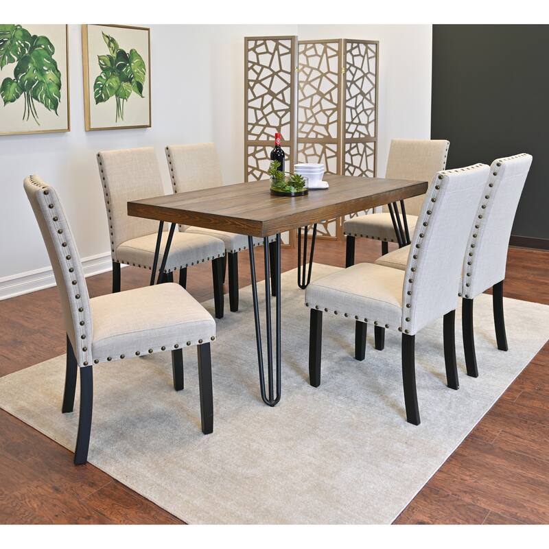 Dining Room Furniture Set for 6, Modern 7 Piece Wooden Hairpin Kitchen Table with 6 Nailhead Upholstery Chairs, for Restaurant - Brown+White