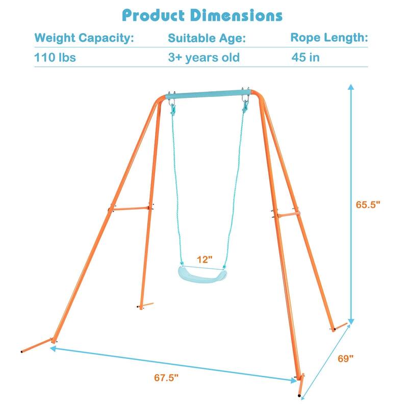 Orange Kids Swing Set with Smooth U-Shaped Seat and Weatherproof Steel Frame for Outdoor Use - 67.5" x 69" x 65.5" (L x W x H)