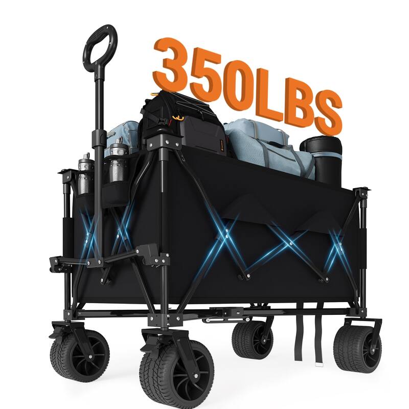 Folding All Terrain Utility Wagon Cart with Wheels and Cup Holders