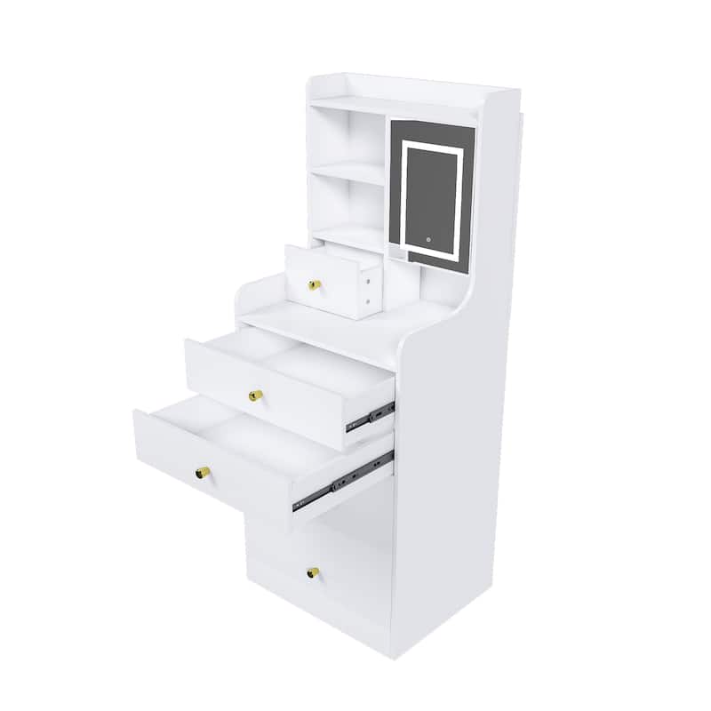 White Vanity Dressing Table with Stool LED Mirror Drawers and Shelves for Bedroom Storage - 19.6”L x 11.6”W x 50.3”H