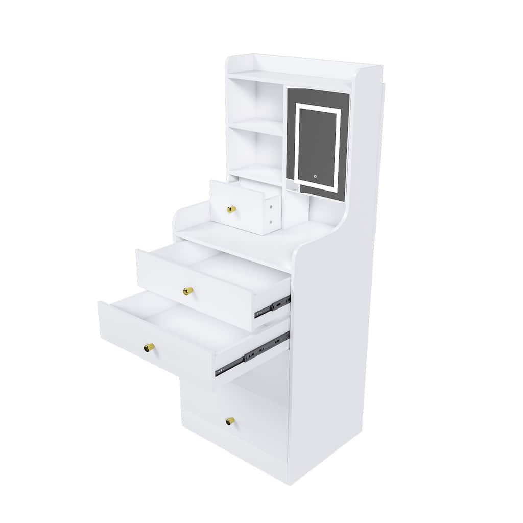 White Vanity Dressing Table with Stool LED Mirror Drawers and Shelves for Bedroom Storage - 19.6”L x 11.6”W x 50.3”H