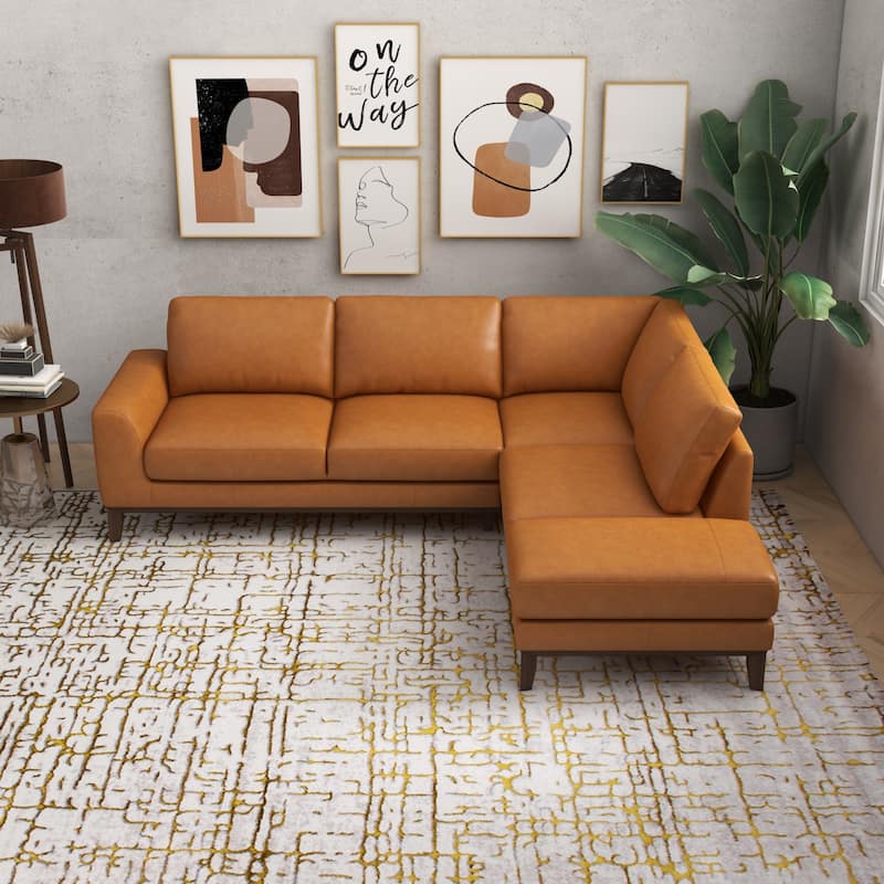 Miamo Mid Century Living Room Top Leather Corner Sectional Sofa - Tan - Right Facing