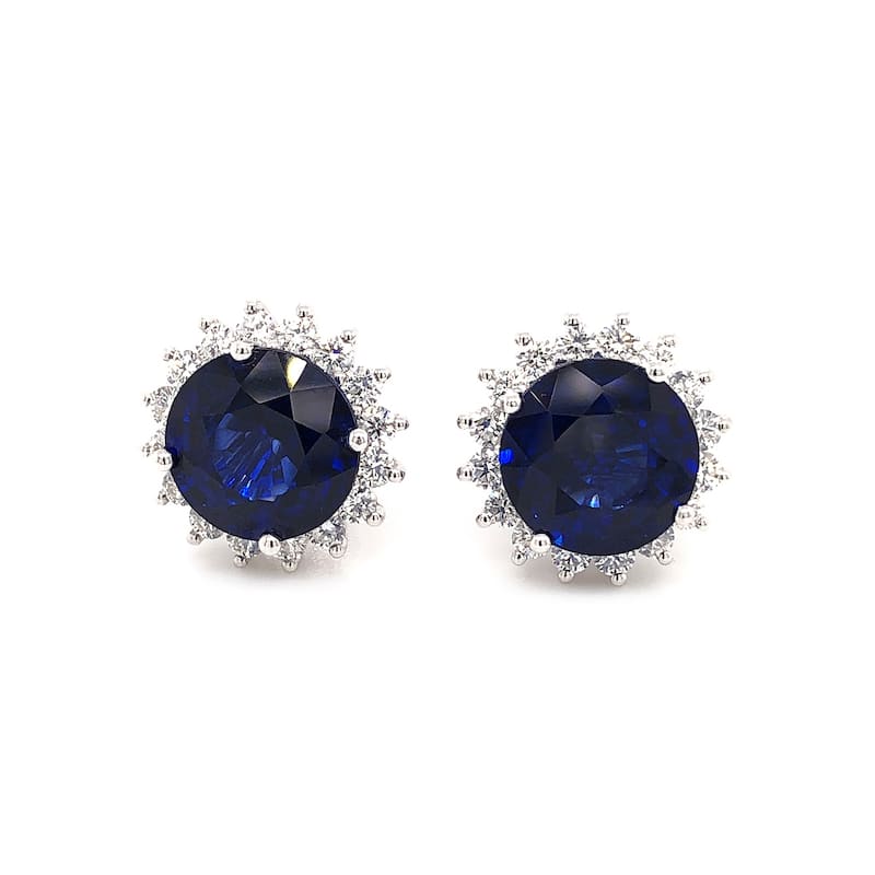 Auriya Unique 8 3/4ct Royal Blue Sapphire and 1 1/4ctw Halo Diamond Stud Earrings 18K Gold