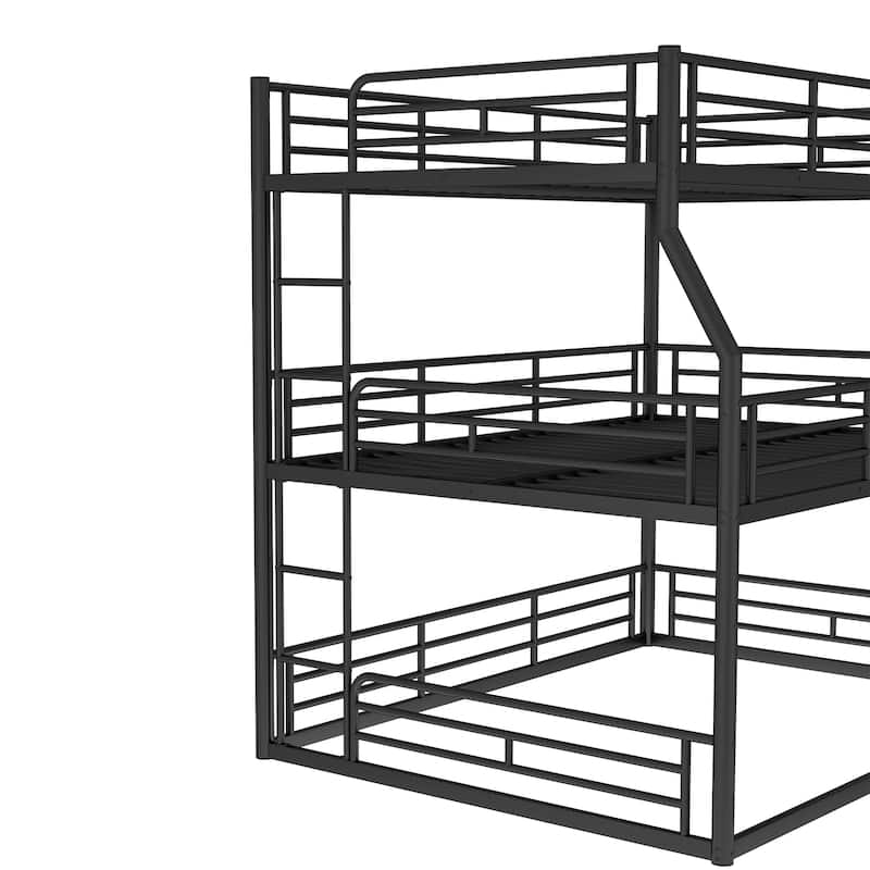 Full XL over Queen over Queen Bunk Bed, Metal Triple Bunk Bed with Safety Guardrails, Bunk Bed with Noise-reduced Design