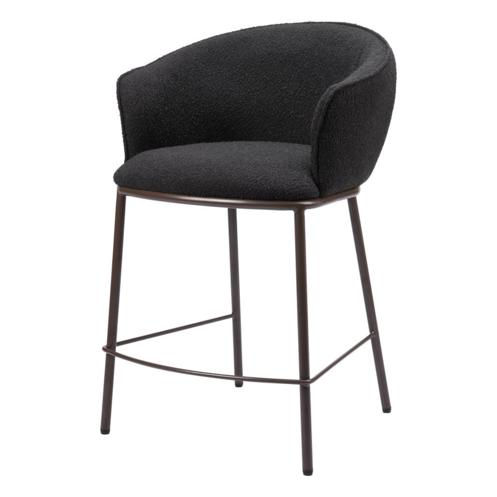 26-Inch Shearling Black Upholstered Seat Bar Chair with Arms and Footrest Bronze Metal Legs - 37”H x 24.4”W x 24”D