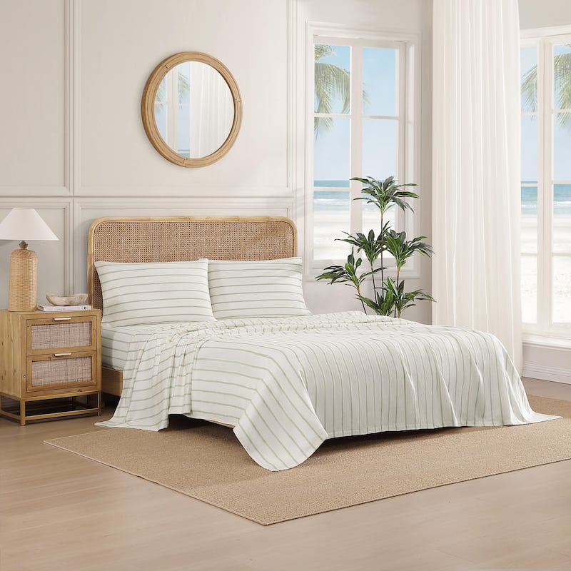 Tommy Bahama Sateen Cotton Printed Sheet Set - La Vida Stripe Green - King