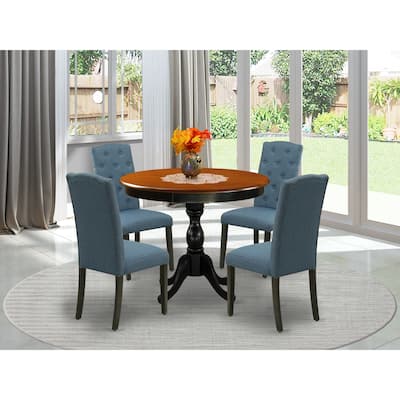 East West Furniture Dinette Set- a Round Kitchen Table and Mineral Blue Linen Fabric Chairs, Black & Cherry (Pieces Options)