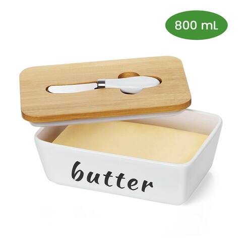 800 ml Porcelain Butter Container with Seal Lid and Steel Knife, White