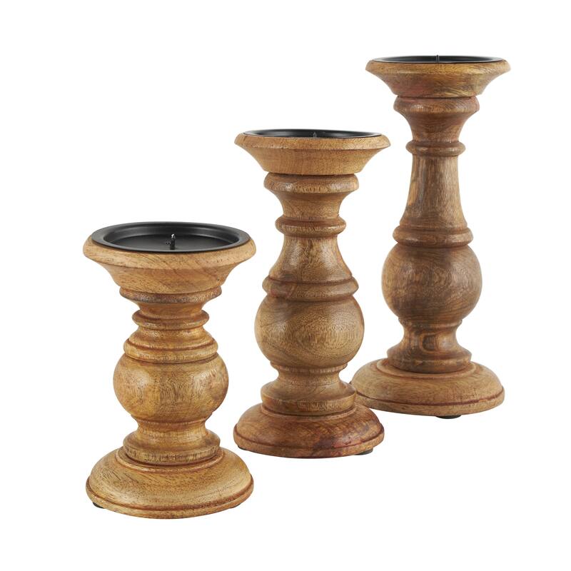 Mango Wood Distressed Turned Pillar Decorative Candle Holder - Set of 3 - Roche River Decor