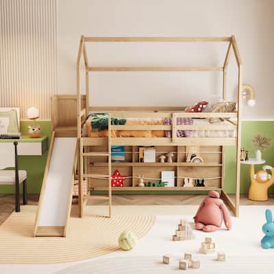 Twin Size Wood House Loft bed with Slide
