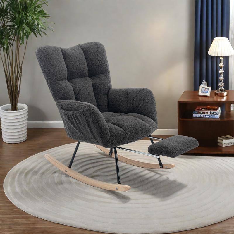 Teddy Fabric Rocking Chair with Adjustable Footrest and 300lb Capacity - Dark Gray