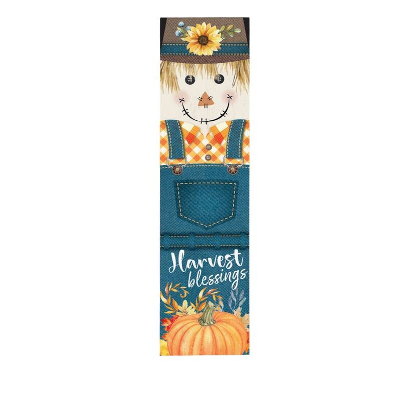 HomeRoots 36" Blue And Orange Solid Wood Happy Harvest Scarecrow Porch Sign