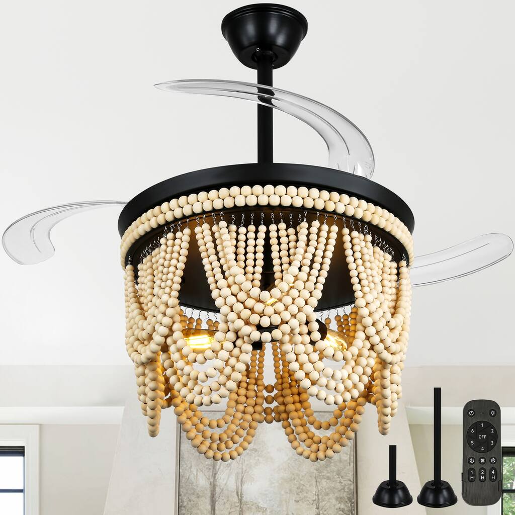 Cusp Barn 42" Retractable Ceiling Fan with Light, Farmhouse Wooden Bead Chandelier, Quiet DC Motor 6 Speeds Bohemian Ceiling Fan