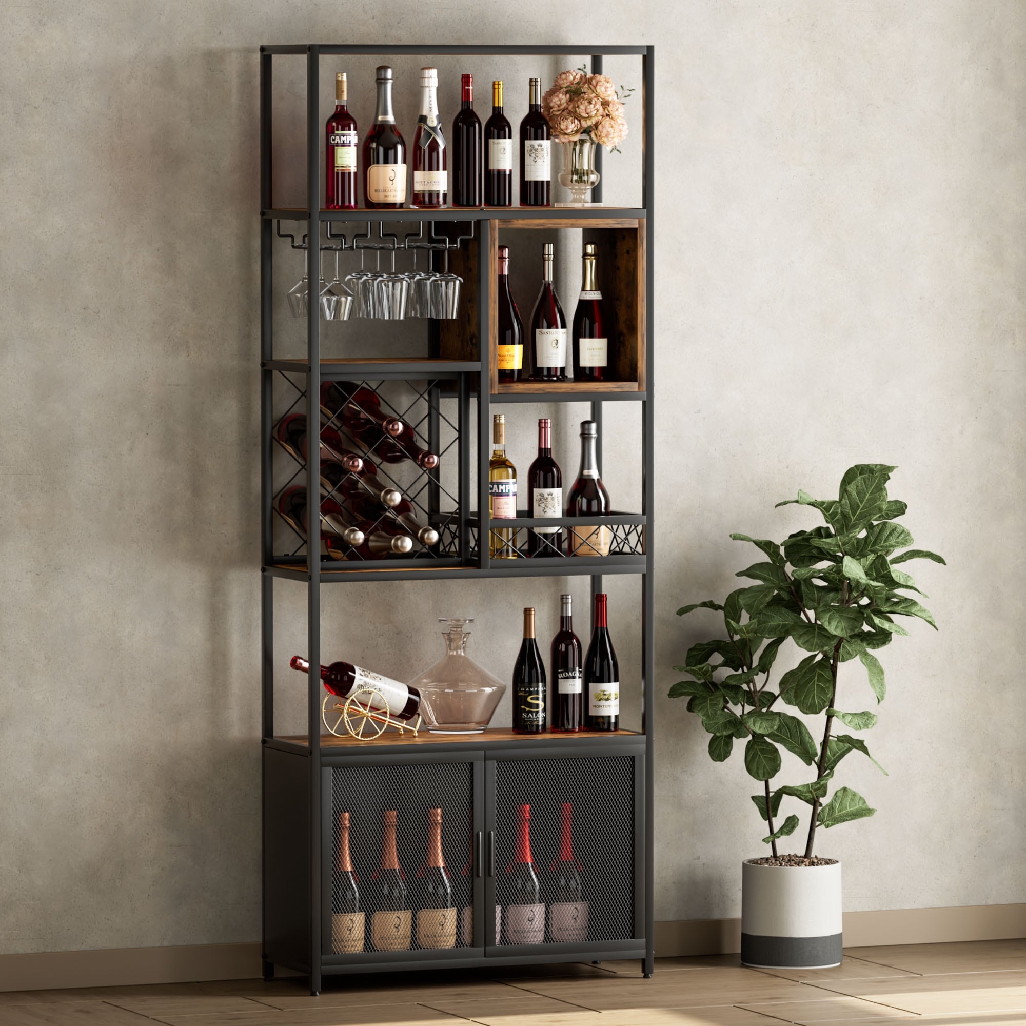 Wrought Iron Floor Standing Metal Wine Rack Tall Industrial-Style
