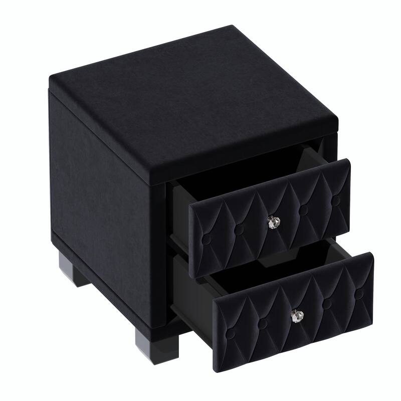 Velvet Nightstand with 2 Drawers and Crystal Handles