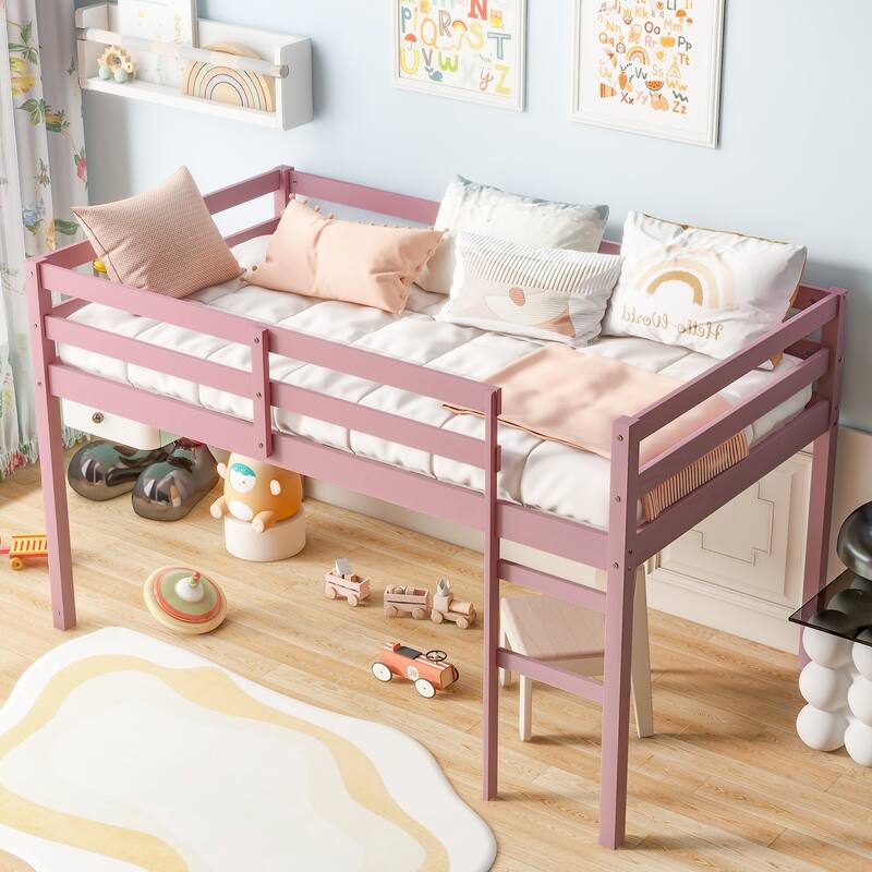 Twin Loft Bed - Solid Rubber Wood Frame with Ladder, Strengthened Slat Platform for Durable Sleeping Space - Pink