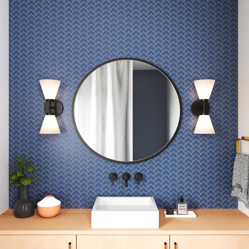 2-Light Vanity Light with Twin Frosted Shade - 15" - Matte Black and White