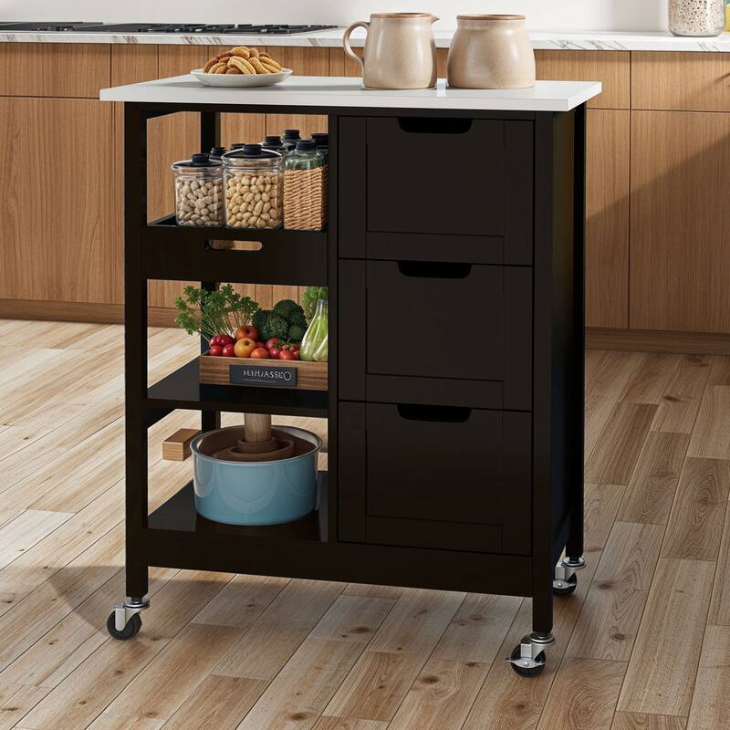 Moasis Rolling Kitchen Bar Trolley Serving Cart with 3 Drawers and Wheels - Brown with White Top