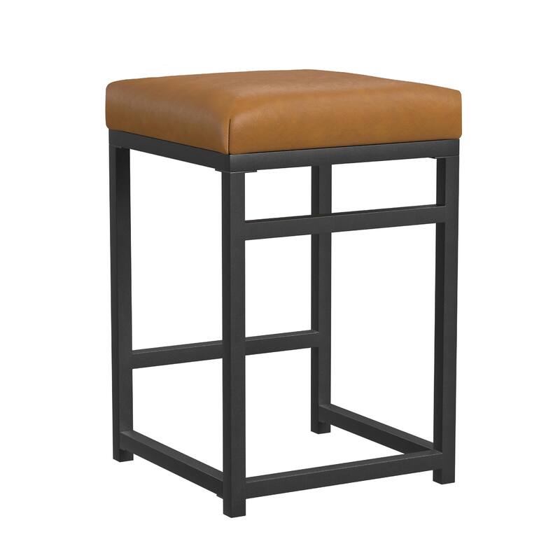 Toko Backless Counter Stool, Brown Faux Leather, Industrial Black