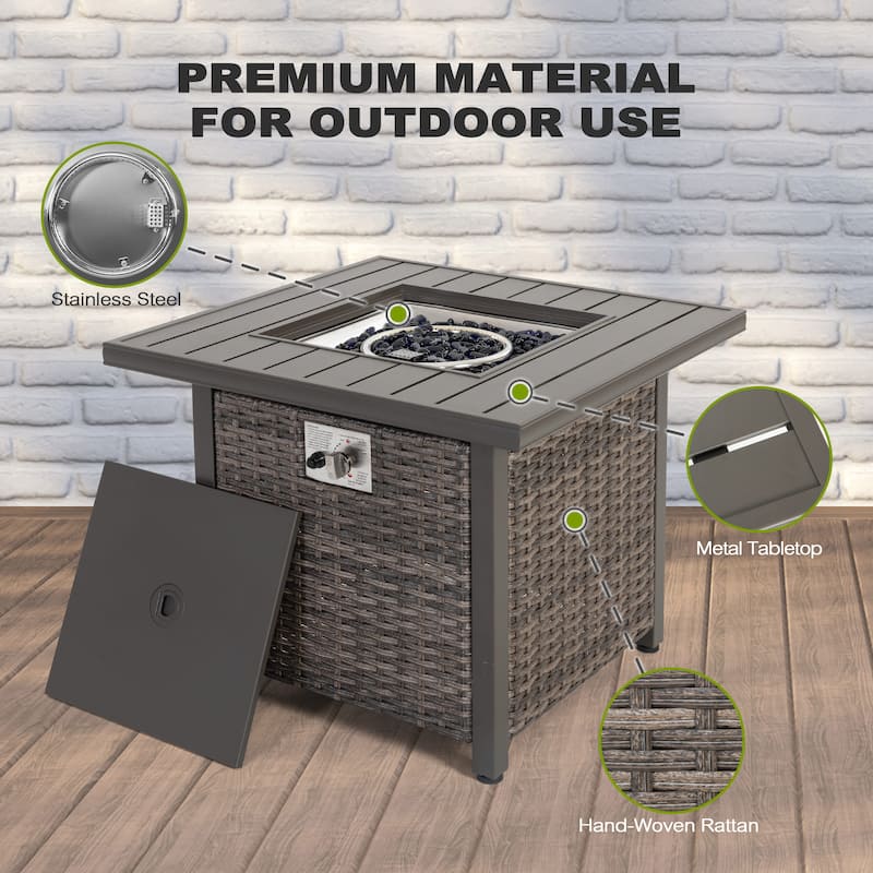 Outdoor 30’’ Square Rattan Fire Pit Table with Metal Lid, Brown