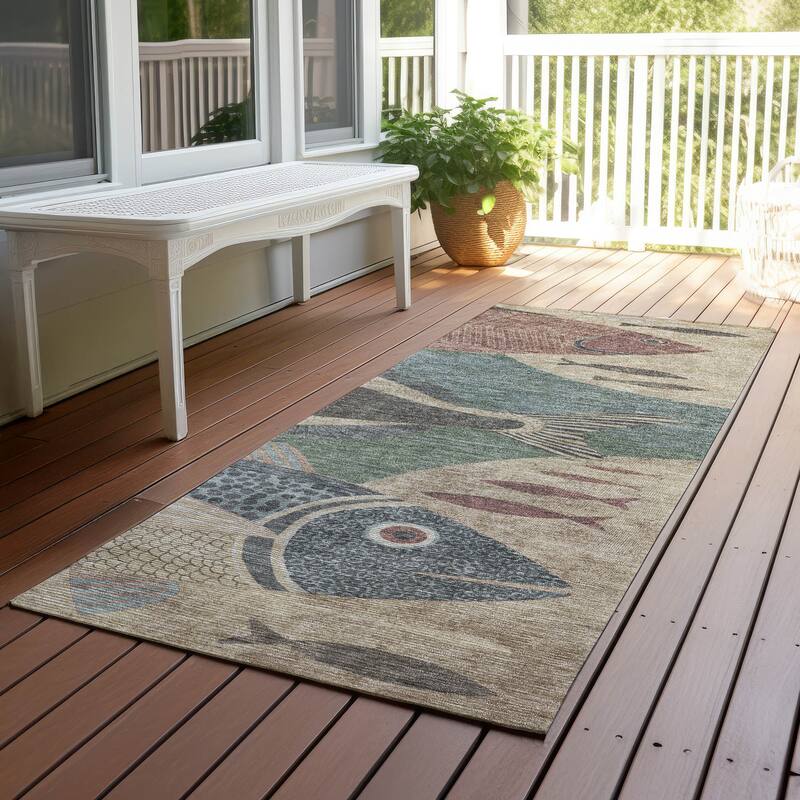 Machine Washable Indoor/ Outdoor Modern Fish Chantille Rug - Basil - 2'3" x 7'6"