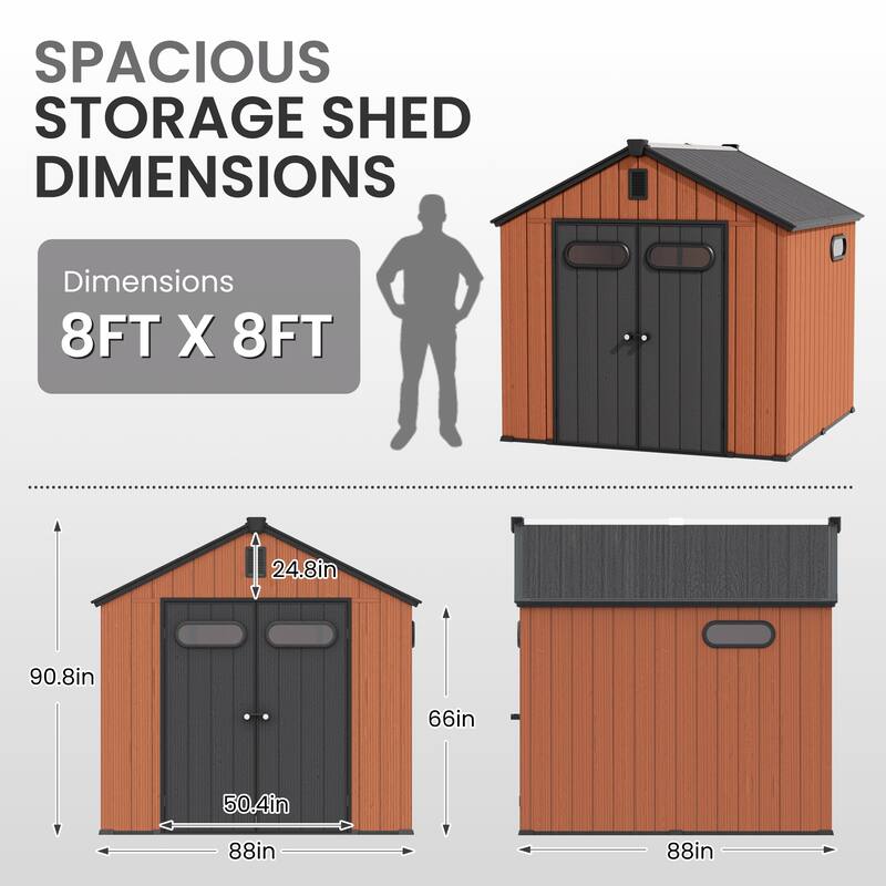 8' x 8' / 8' x 10'/ 8' x 12' Outdoor Resin Storage Shed with Lockable Doors and Air Vents for Garden