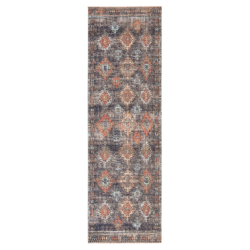 Dez Indoor and Outdoor Tribal Area Rug - 2'6" x 8' Runner - Blue/Orange