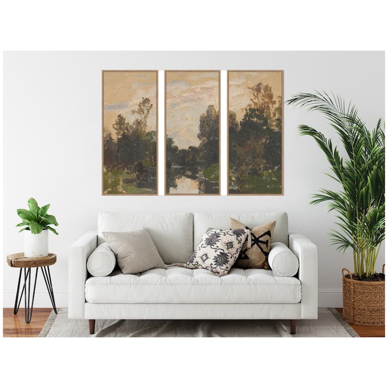 Kate and Laurel Landscape by the River Barycz Adolf Dressier 3 Piece Framed Canvas Wall Art Set by Nostalgia Prints
