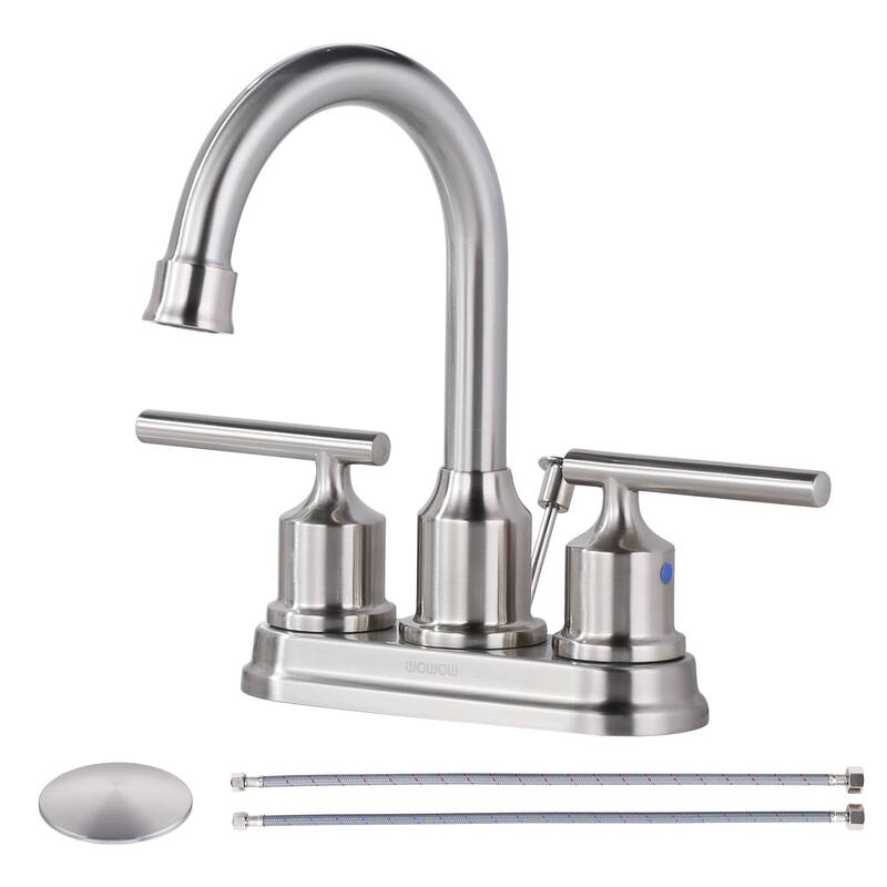 WOWOW 4 in. Centerset Double Handle Bathroom Faucet with Drain Kit Included - Brushed Nickel