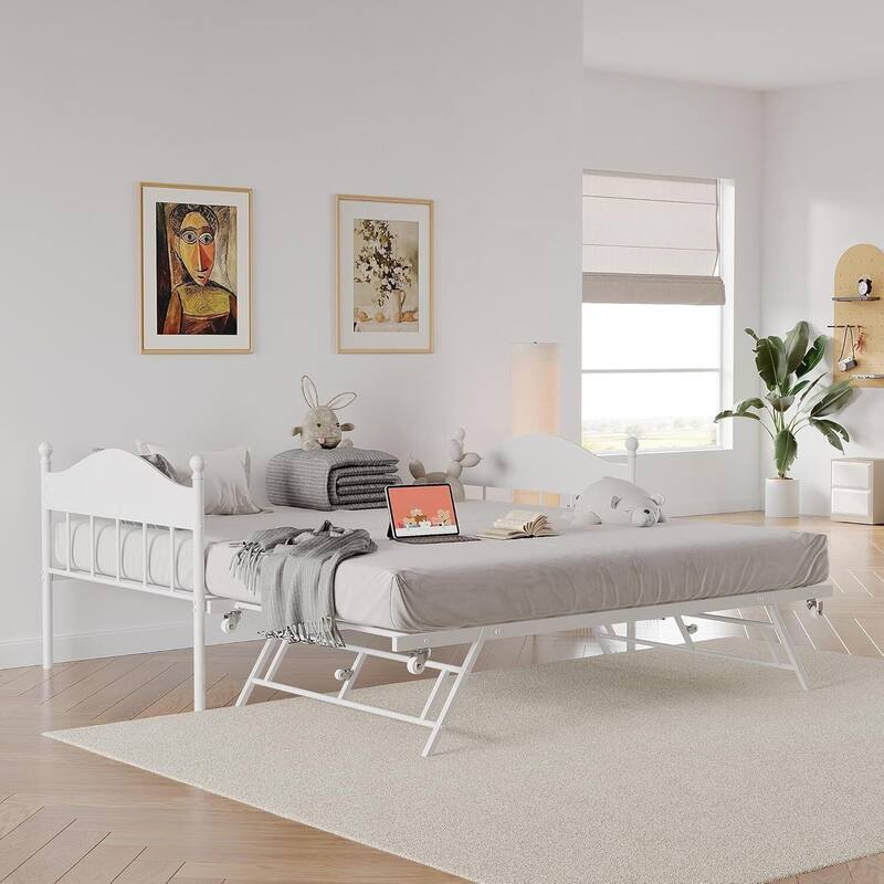 Space-Saving Twin Daybed, Platform Sofa Bed Frame with Foldable Trundle - White