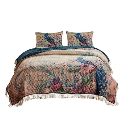 3 Piece Queen Size Quilt Set with Floral Print and Crochet Trim, Multicolor