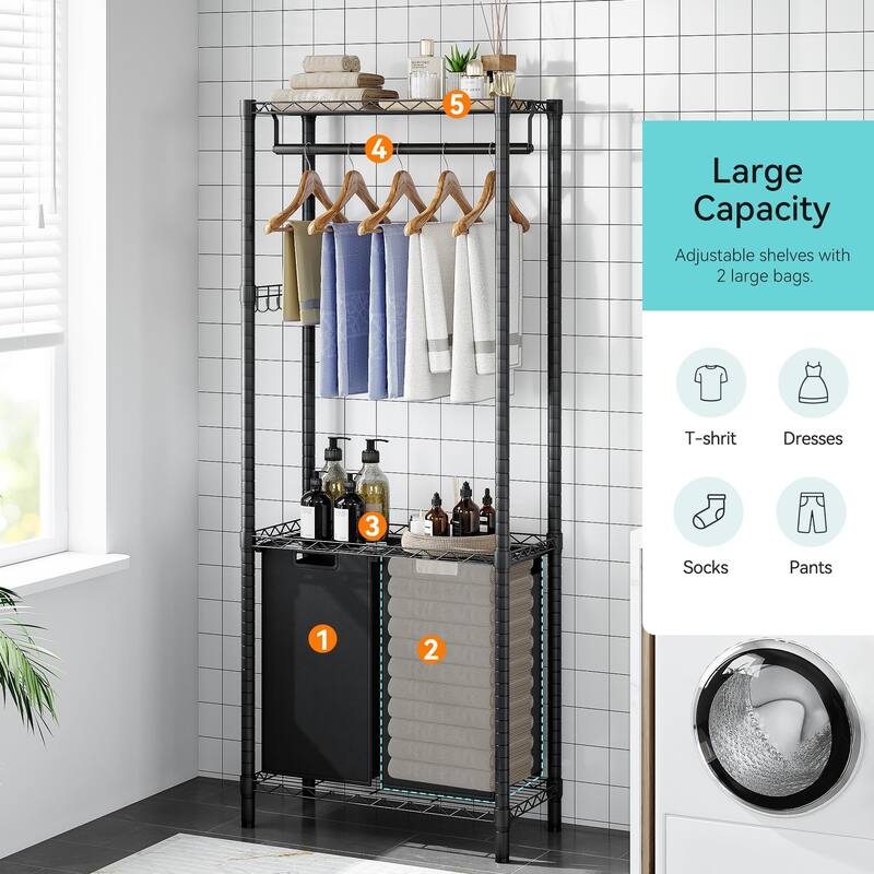 Laundry Hamper Sorter with Garment Rack Hanging Rod and Adjustable Shelf On Sale Bed Bath