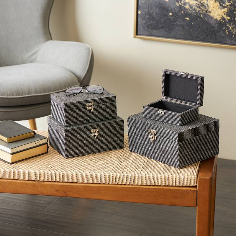 Black Fabric Handmade Storage Decorative Box with Silver Latches (Set of 4) - Gray