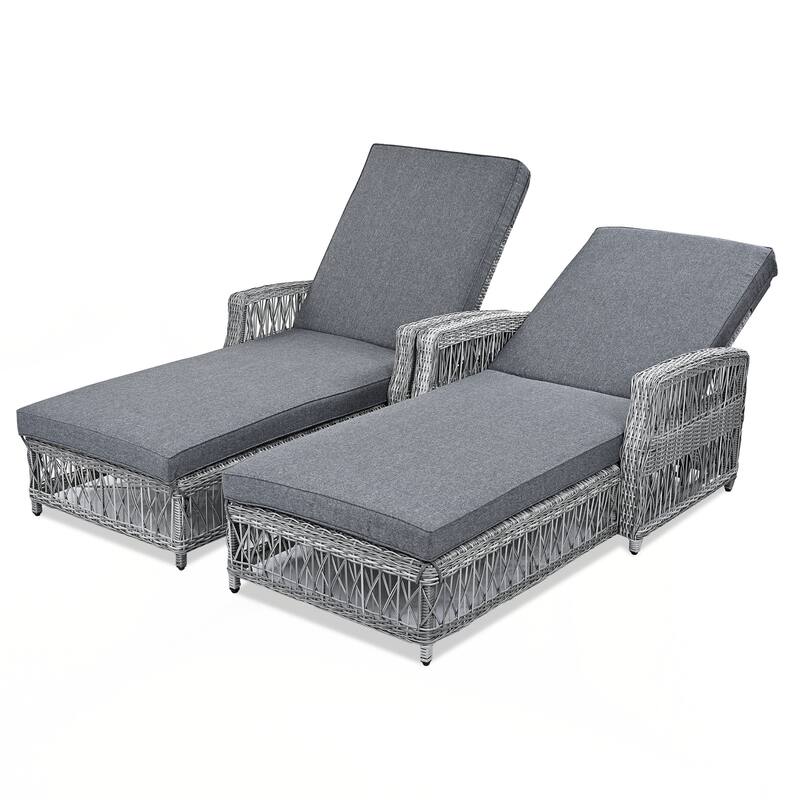 2 Pieces Long Reclining Chaise, Outdoor Wicker Lounge with Armrests, Patio Adjustable Recliner with Soft Removable Cushions - Grey