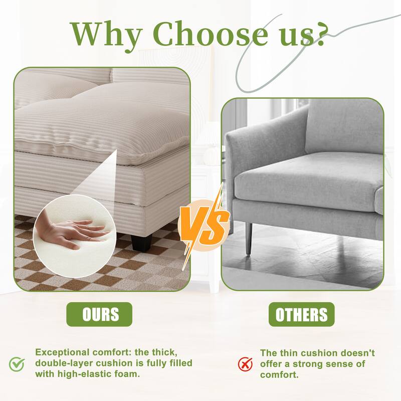 113" L Shaped Sectional Sofa, Deep Seat Cloud Couch with Ottoman, Oversized Corduroy Couch with Cup Holders, Storage Bags