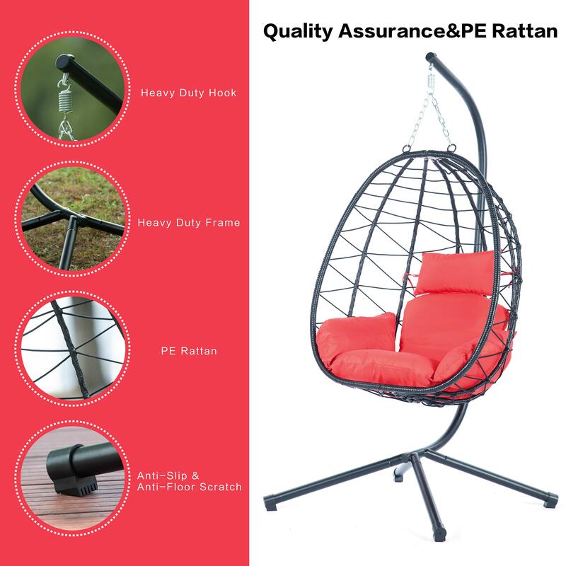 Rattan Metal Hanging Chair with Stand and 350lb Capacity, Includes Waterproof Cushion