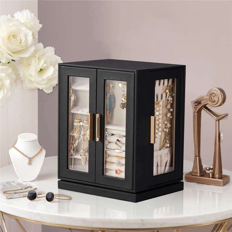 FCH 4 Sides with Storage 5 Drawers Rotatable Black Cabinet Pink Velvet Jewelry Case - Black