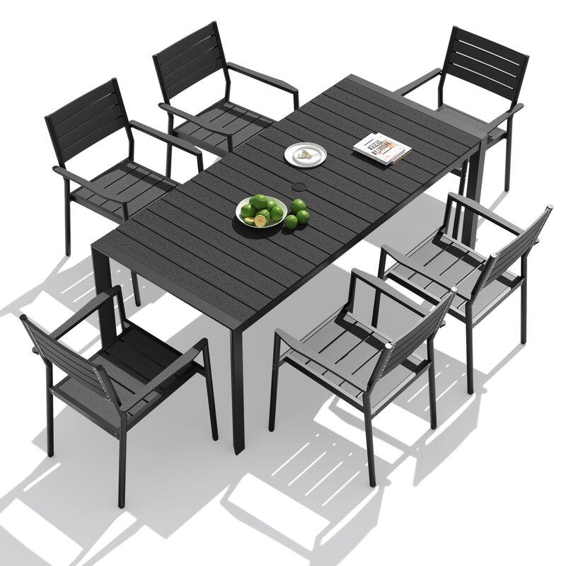 7-Piece Outdoor Patio Dining Set Wood Like Table Top Aluminum Rectangular Umbrella Hole Table with Stackable Armrest Chairs