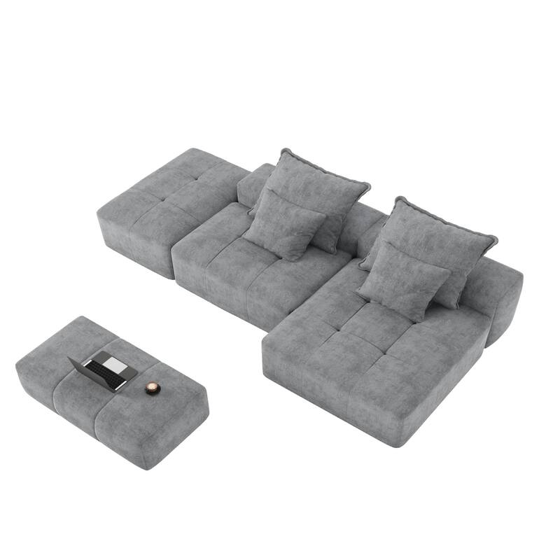 Oversized Floor Sectional Sofa with Ottoman & Chaise Lounge, Chenille Fabric Modular Couch with 4 Pillows for Living Room
