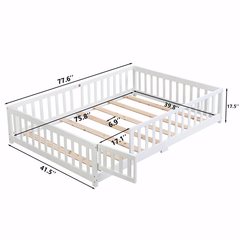 Solid Wood Platform Bed Frame with Floor Bed Design and Fence