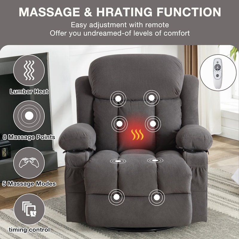 Rocker Recliner Chair with Heat & Massage, Swivel Recliner with USB and 2 Cup Holders, Ergonomic Single Lounge Sofa