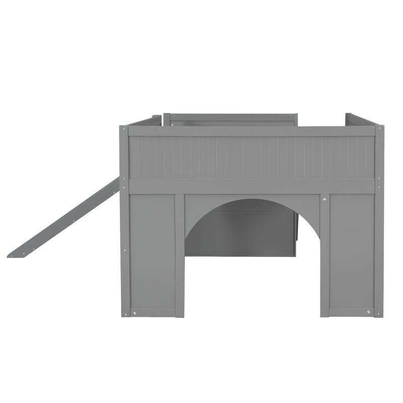 Roomfitters Full Low Loft Bed with Slide, Storage Shelves and Window Design