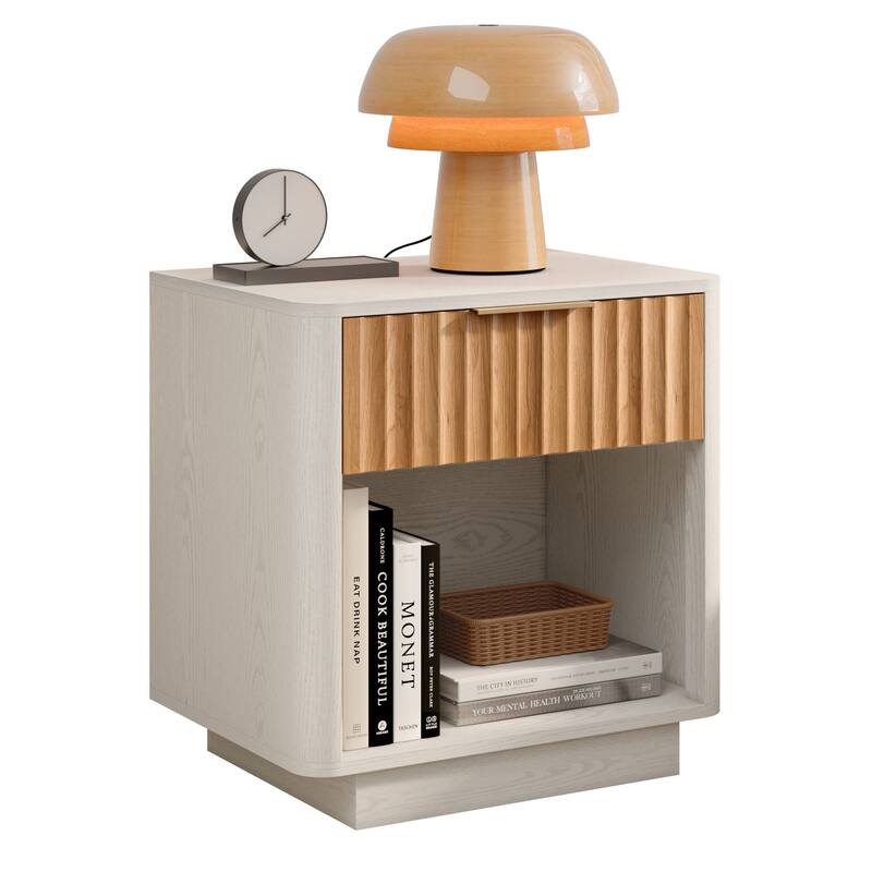 Contemporary Nightstand with Fluted Drawers and Open Storage